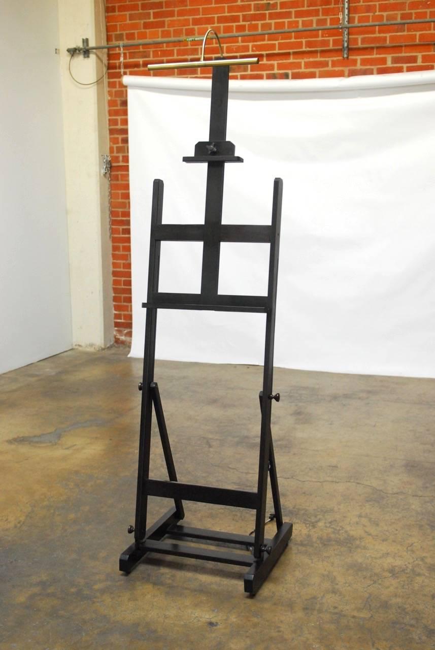 Ebonized Art Display Floor Easel with Brass Light In Excellent Condition In Rio Vista, CA