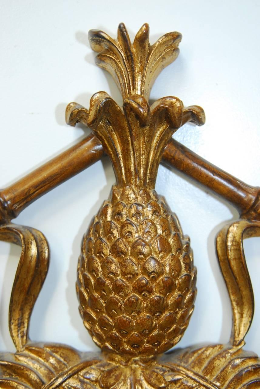Hollywood Regency Faux-Bamboo Gilt Mirror with Pineapple In Excellent Condition In Rio Vista, CA