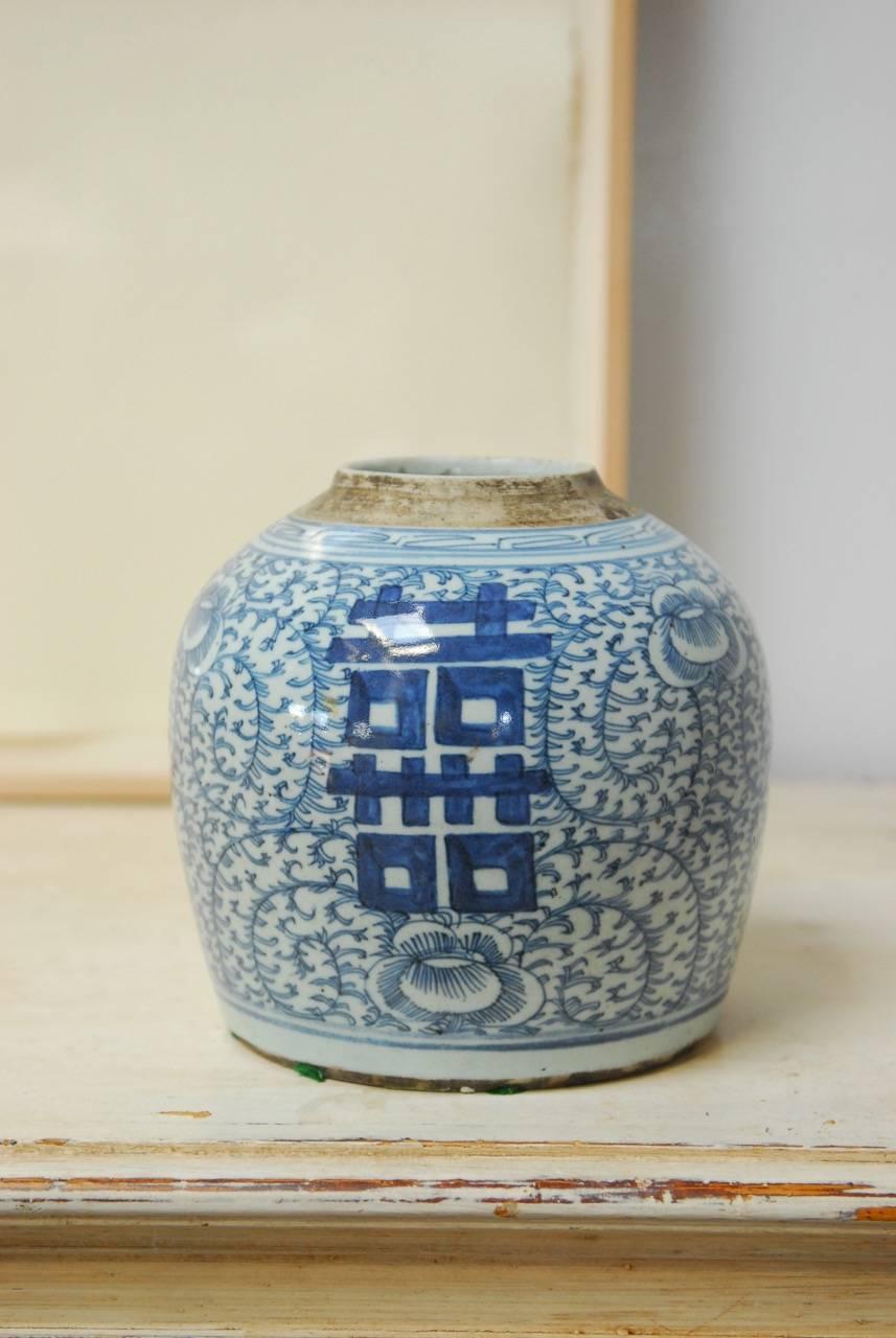 Hand-Painted Chinese Blue and White Shuangxi Jar
