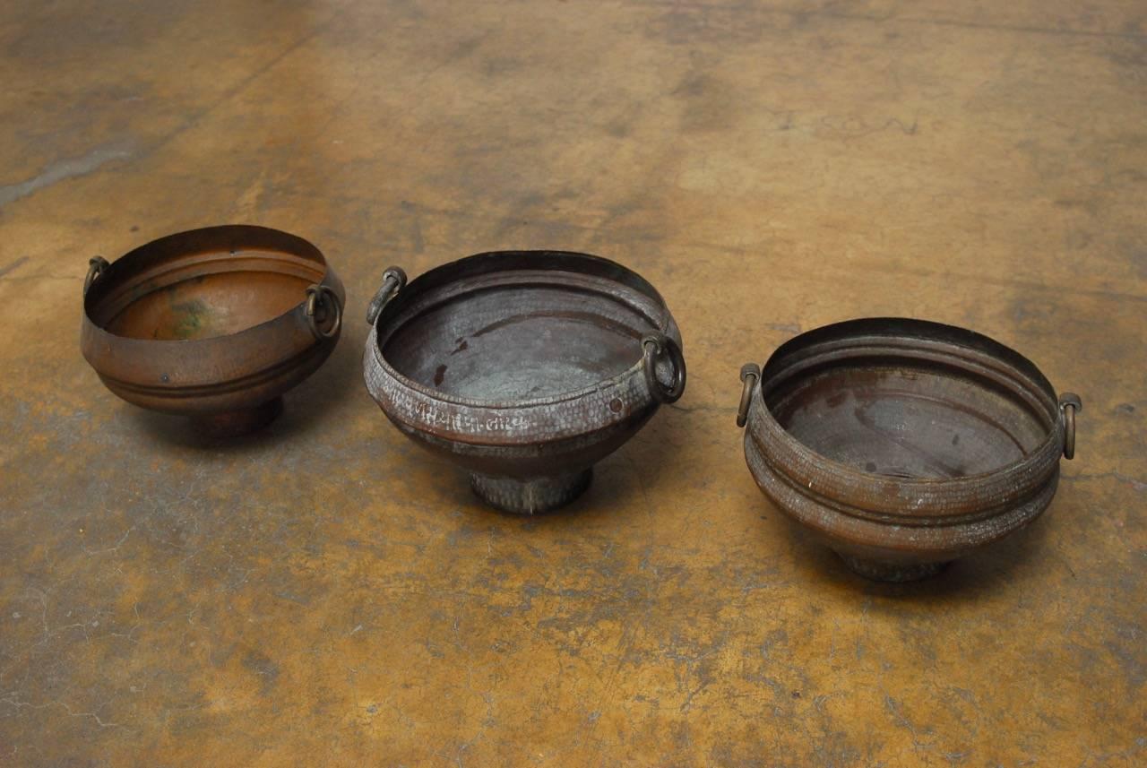 Hand-Crafted Set of Hammered Copper Urns with Ringed Handles