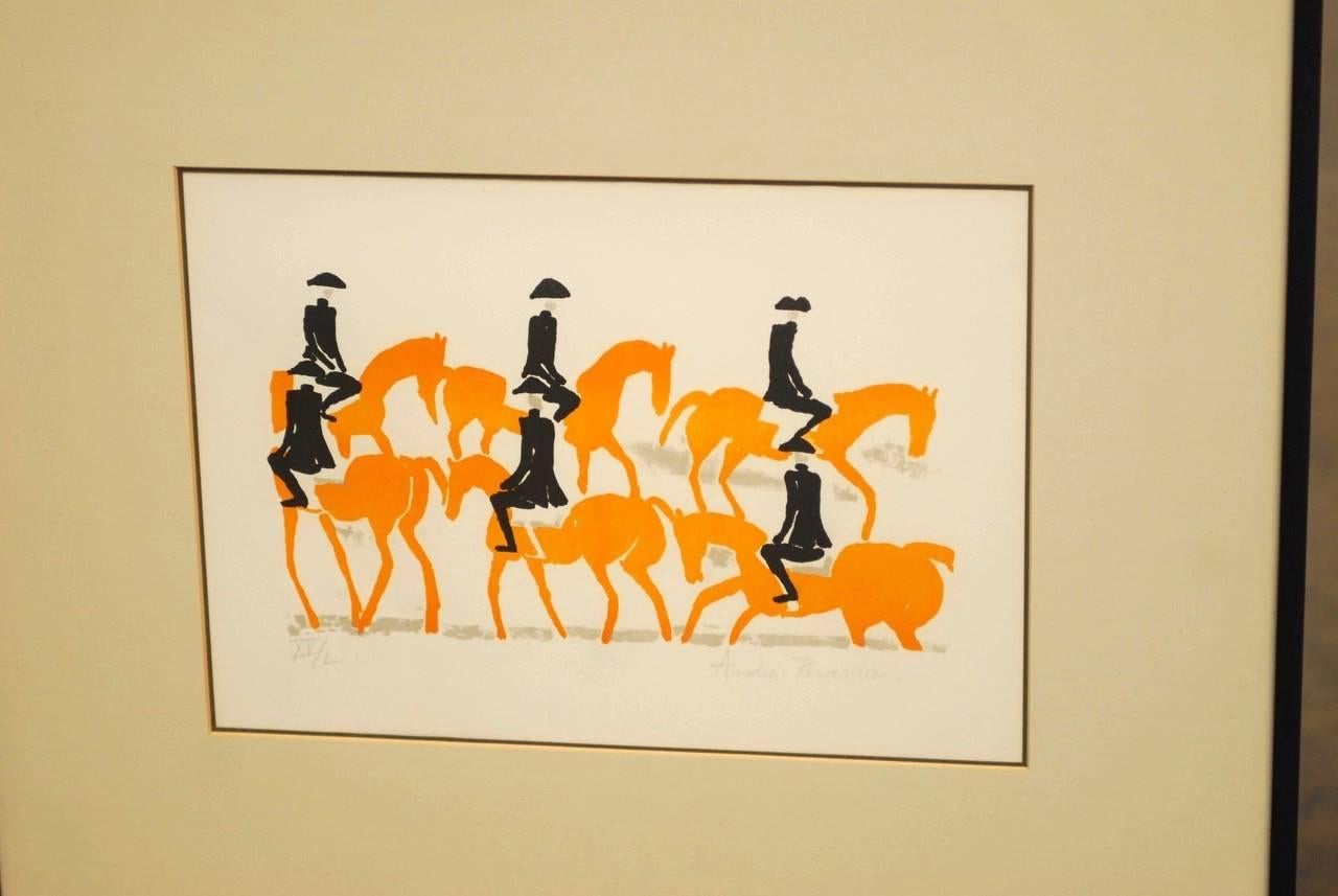 Andre Brasilier (B. 1929 France) signed artist proof #15. Six horses depicted in Hermes orange with black horsemen. This color lithograph showcases his equestrian art mounted in a black modern frame. Measurement of art is 8