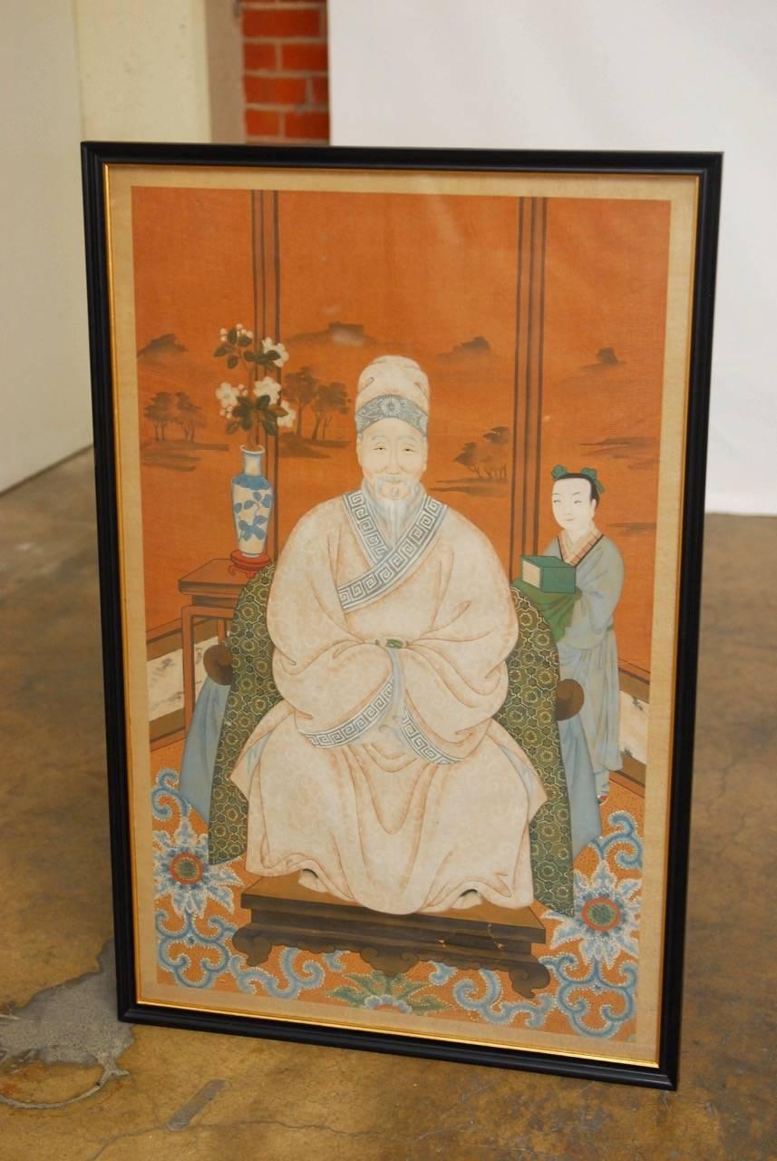 20th Century Chinese Watercolor Ancestor Portrait