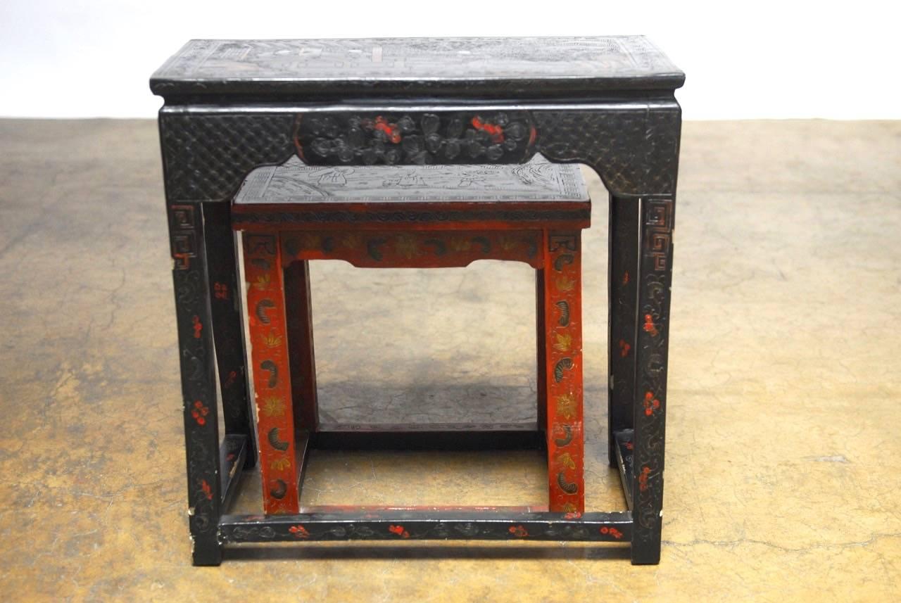 Pair of Chinese Coromandel Style Lacquered Tables 1