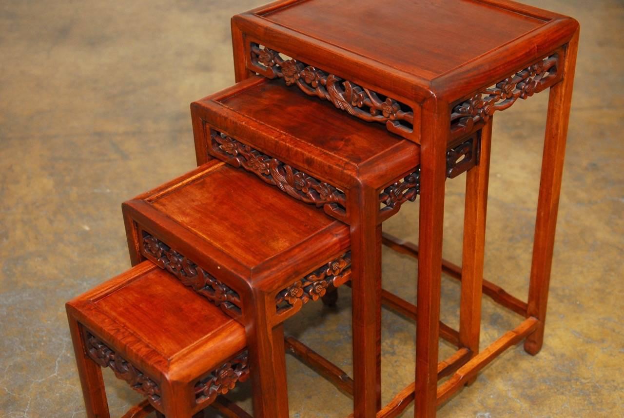 Hand-Carved Nest of Four Chinese Rosewood Stacking Tables