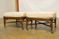 Pair of McGuire Bamboo Rattan Ottomans with Cushions