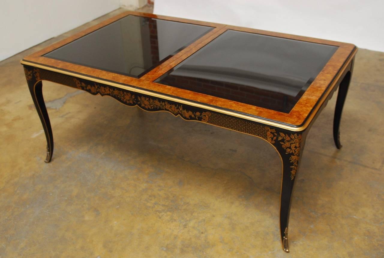 Rare black lacquer and parcel-gilt decorated dining table made by Drexel Heritage from the 