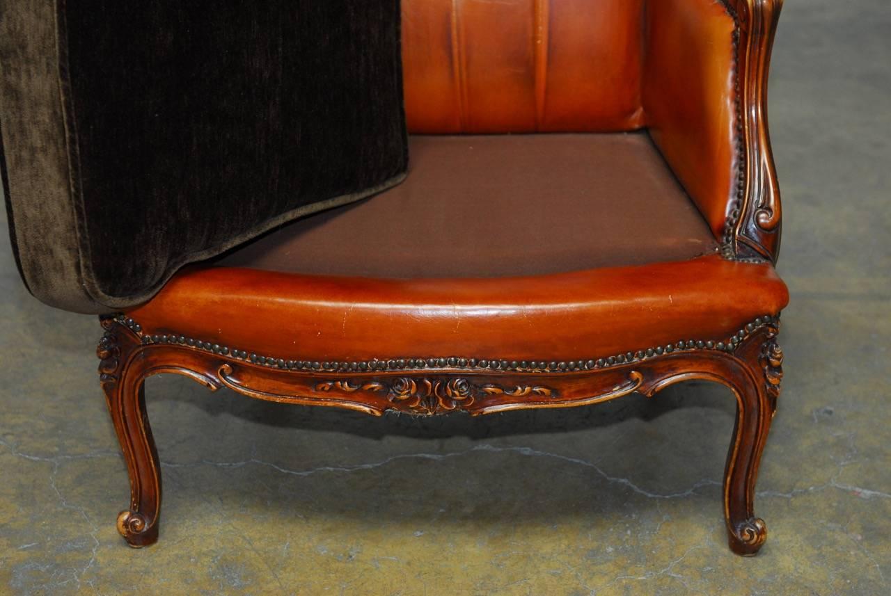 Pair of Louis XV Tufted Cognac Leather Wingbacks In Distressed Condition In Rio Vista, CA