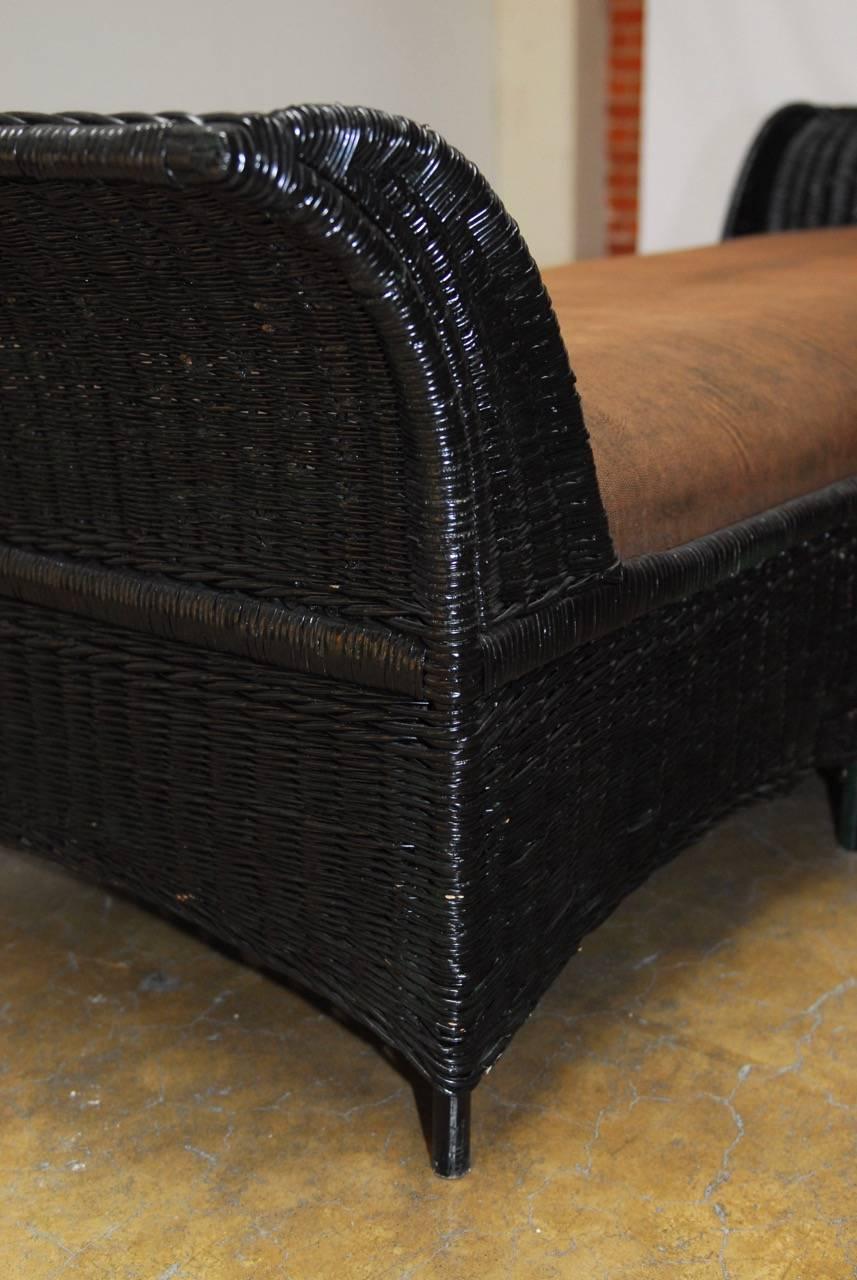 20th Century Black Lacquered Wicker Daybed