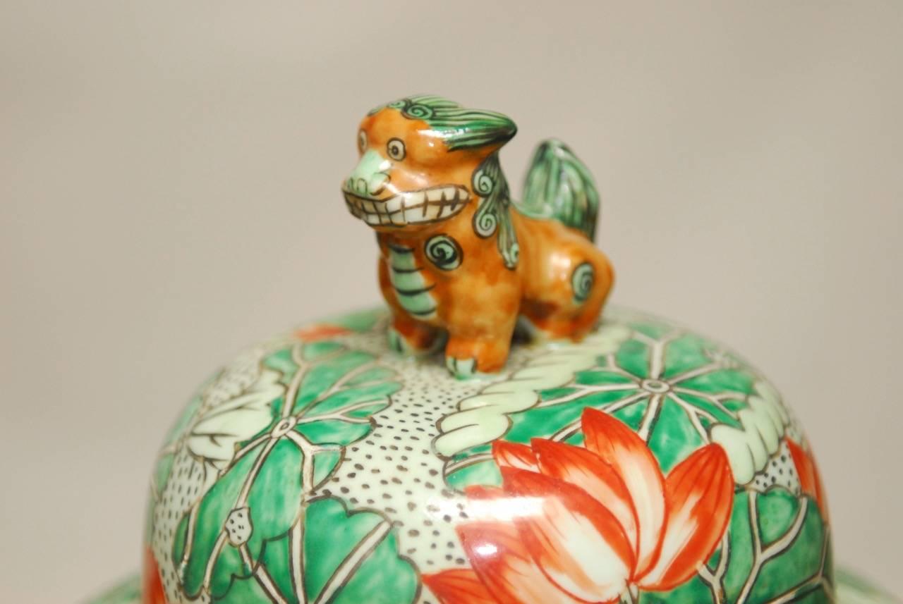 Hand-Crafted Pair of Lotus Blossom Temple Ginger Jars with Foo Dogs