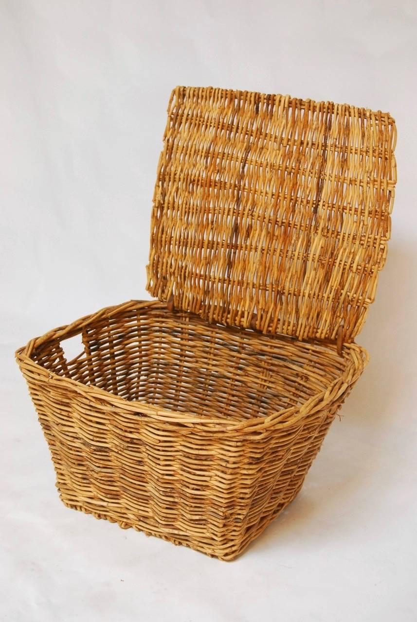 Rustic French Rattan Lidded Harvest Basket with Handles