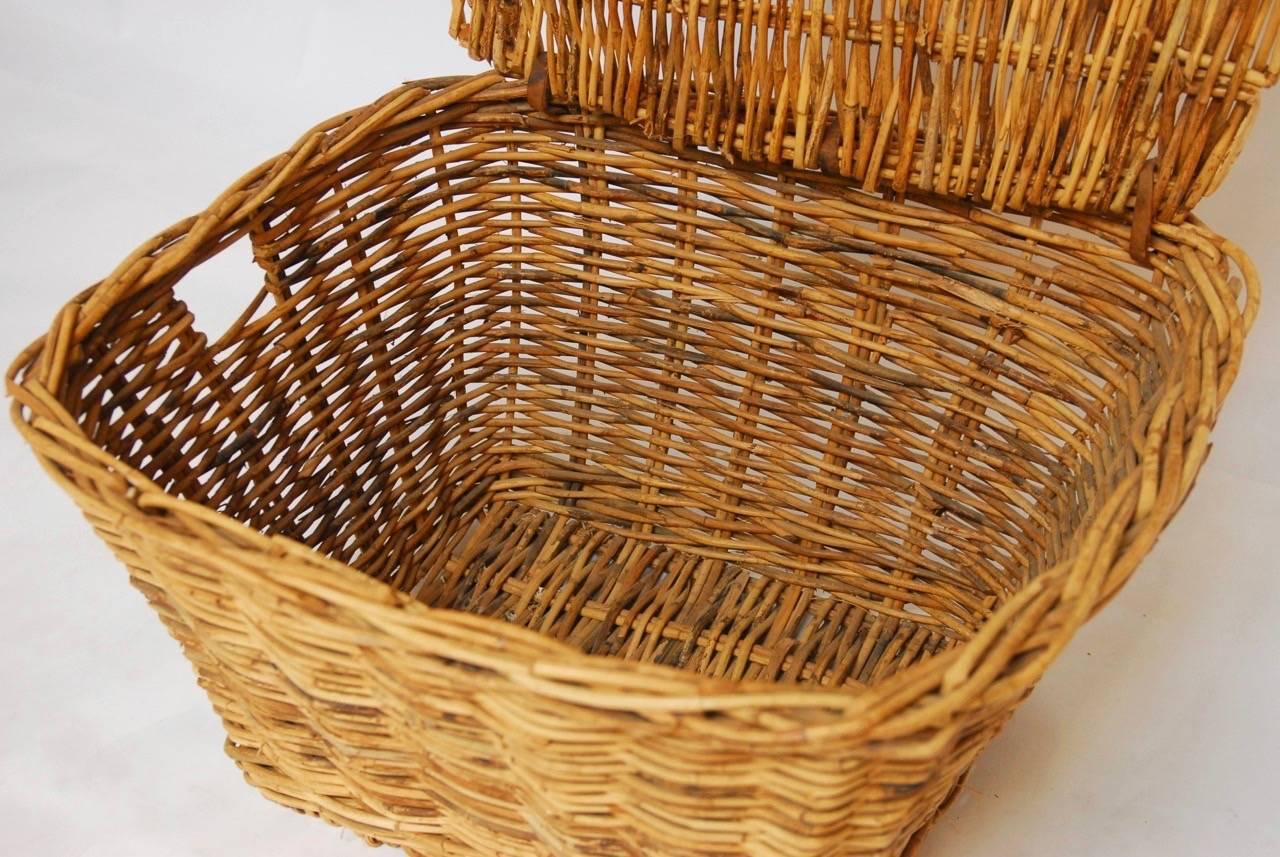 20th Century French Rattan Lidded Harvest Basket with Handles