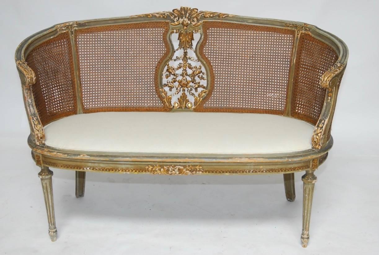 Hand-Carved French Louis XVI Cane Settee Canape en Corbeille