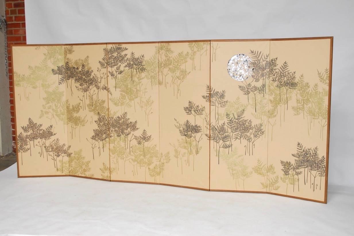 Large six-panel silk screen room divider featuring delicate botanical images of ferns and fiddleheads. This beautiful screen is done in two main colors with Fine intricate designs on a cream colored paper. The back has a metallic foliate design. The