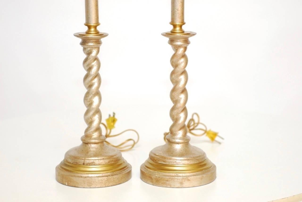 Pair of Silver Gilt Candlestick Lamps In Excellent Condition In Rio Vista, CA
