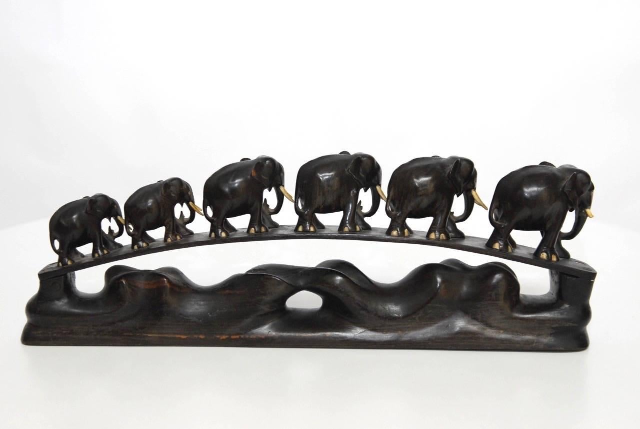 Ebonized Anglo-Indian Carved Teak Elephant Bridge