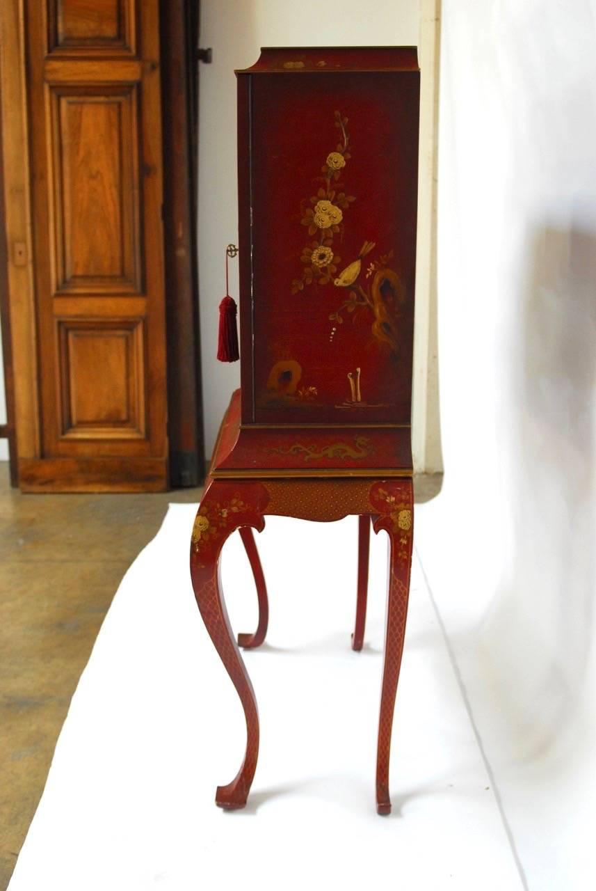 English Japanned Chinoiserie Lacquer Cocktail Cabinet on Stand