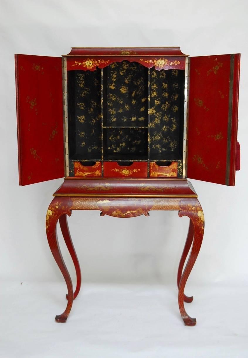 Art Deco Japanned Chinoiserie Lacquer Cocktail Cabinet on Stand