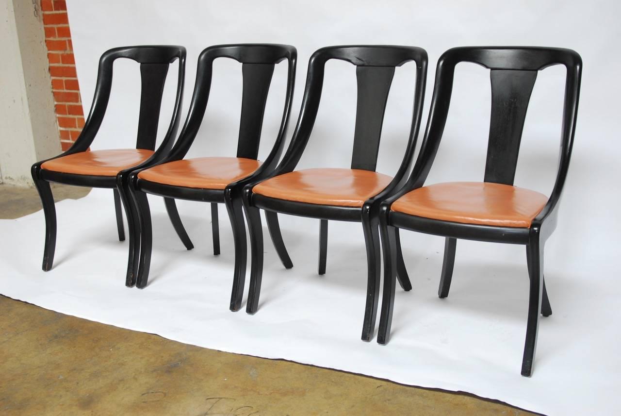 Mid-Century Modern Set of Four Mid-Century Black Lacquer Scoop Dining Chairs