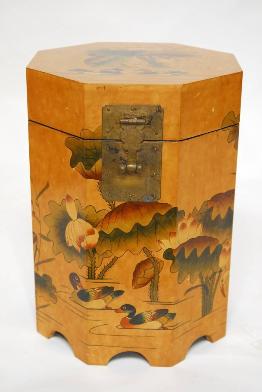 Hand-Painted Pair of Chinese Lacquered Octagonal Drinks Tables