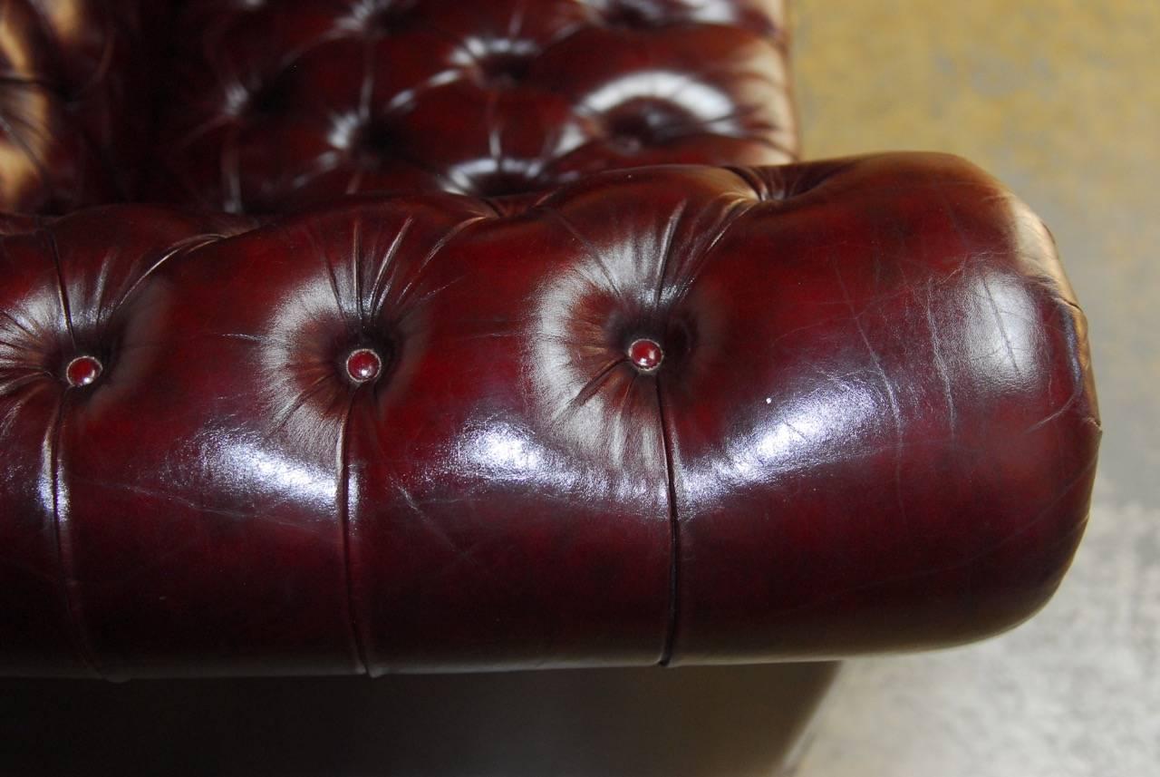 Mid-Century Modern English Cordovan Tufted Leather Chesterfield Sofa