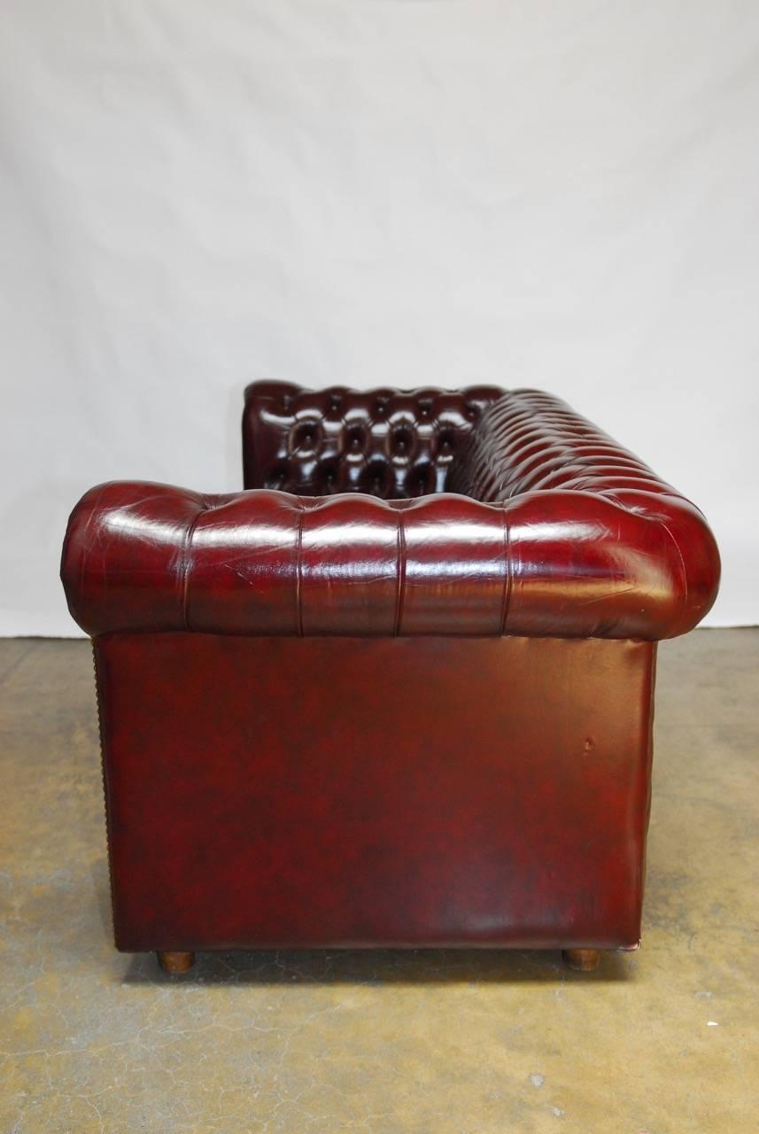 Brass English Cordovan Tufted Leather Chesterfield Sofa