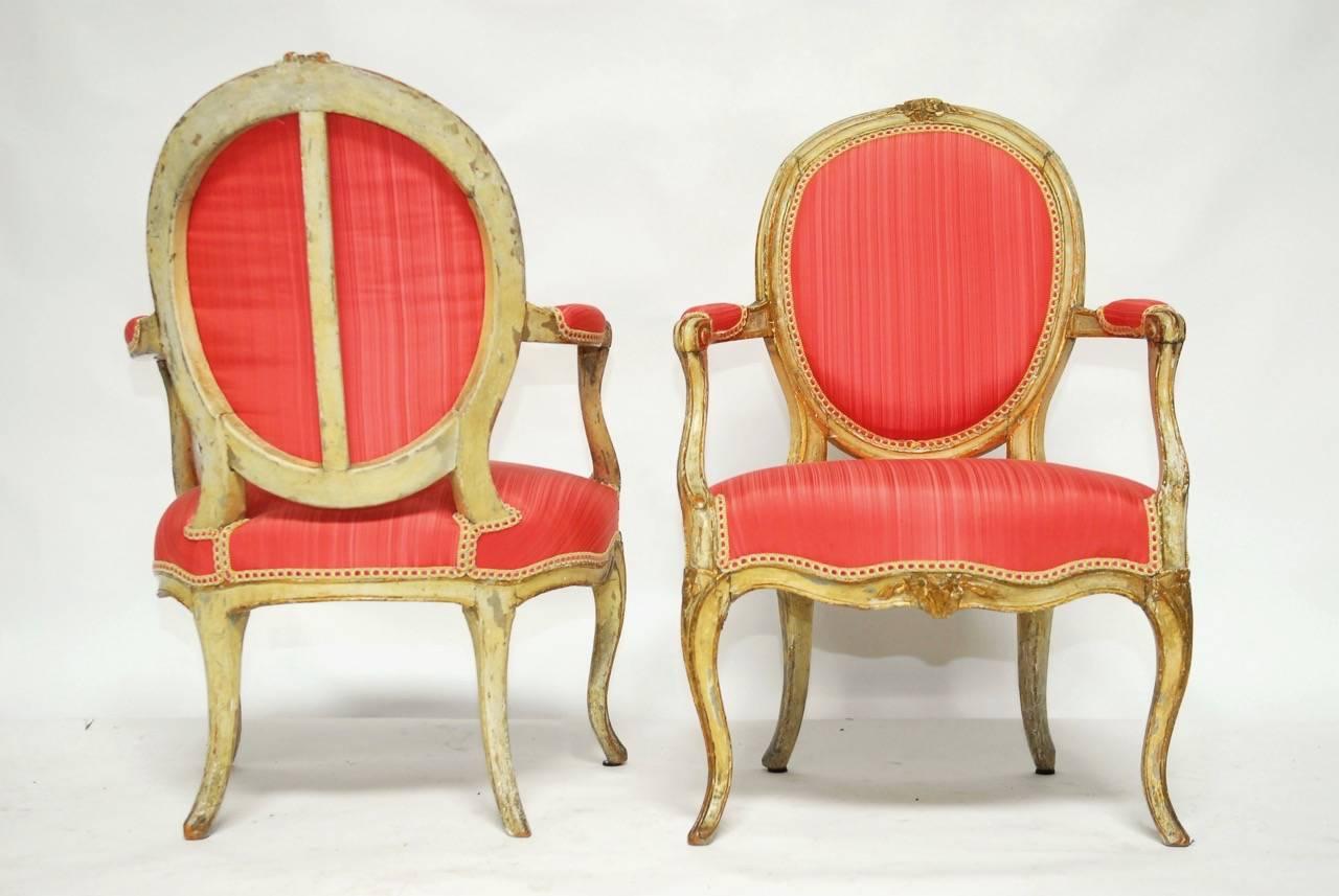 18th Century Pair of Louis XV Period Painted and Parcel Gilt Fauteuils For Sale