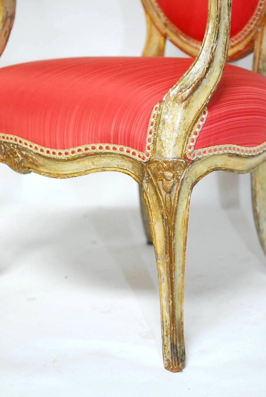 Metal Pair of Louis XV Period Painted and Parcel Gilt Fauteuils For Sale