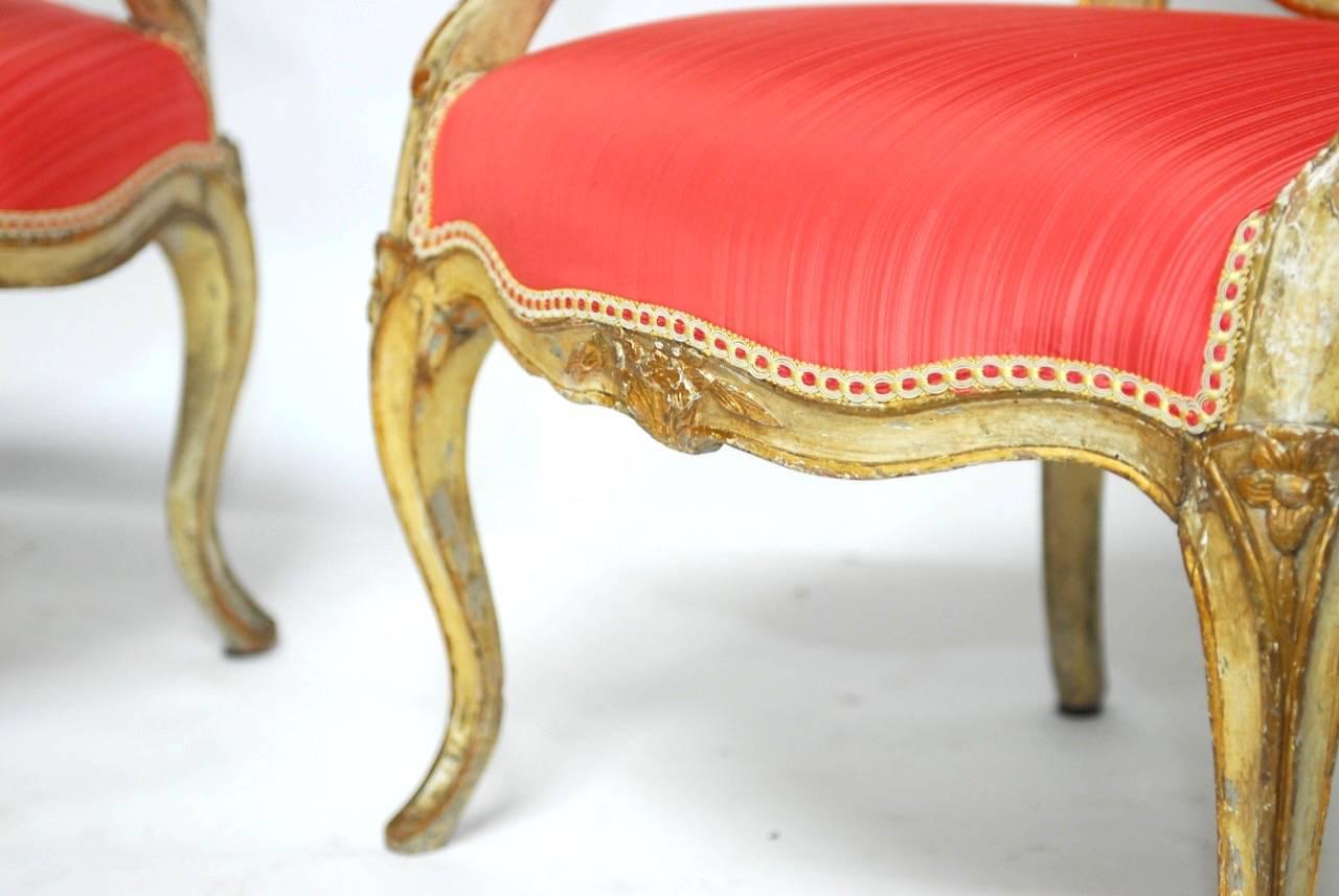 Pair of Louis XV Period Painted and Parcel Gilt Fauteuils For Sale 1