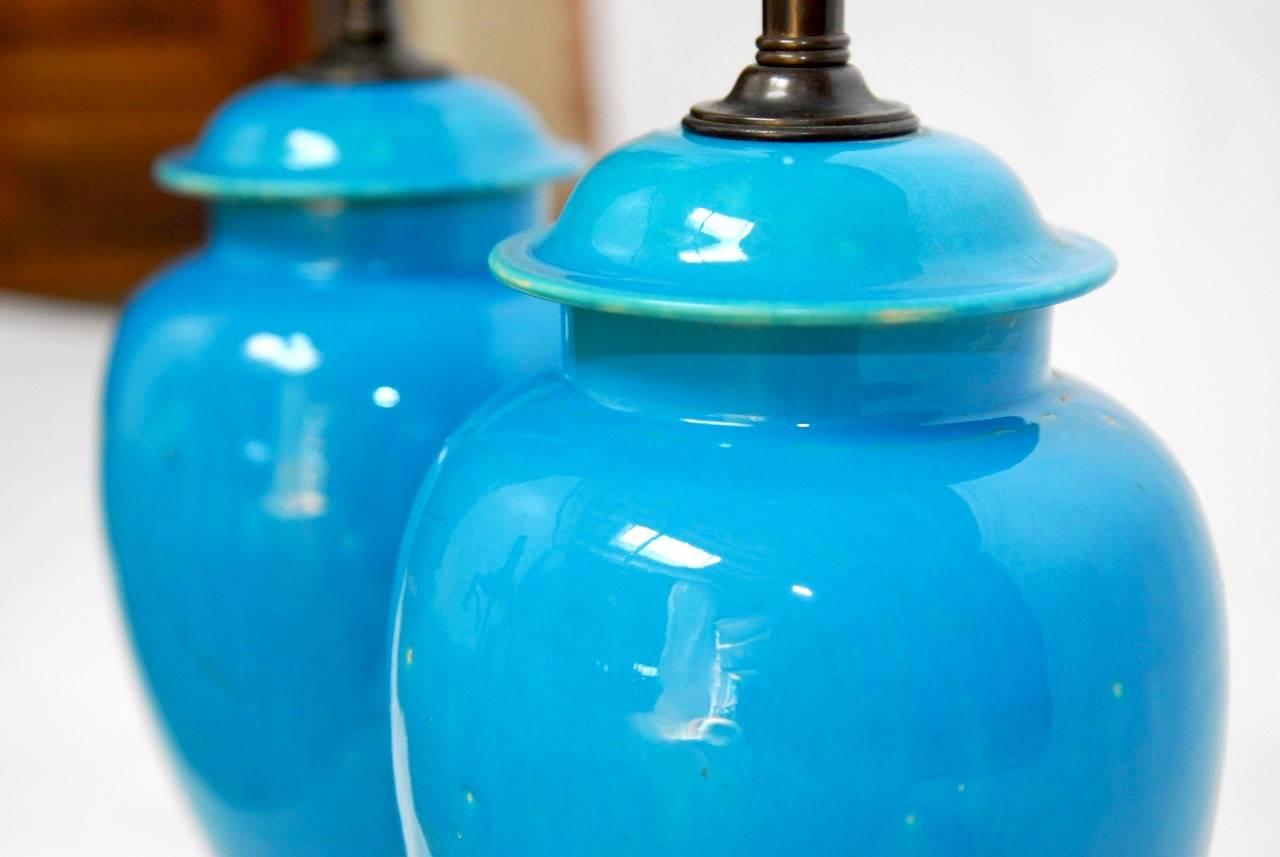 Pair of Chinese Porcelain Sky Blue Ginger Jar Lamps 4