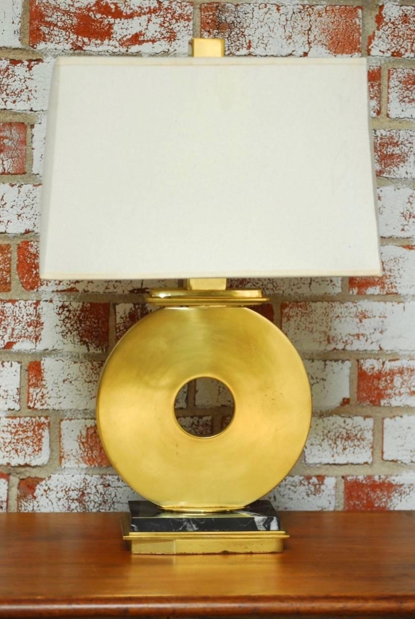 Hollywood Regency Pair of Robert Abbey Modern Brass and Marble Table Lamps
