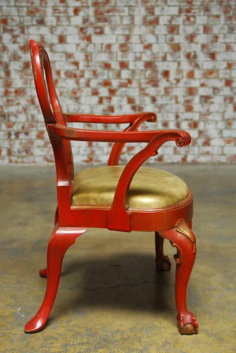 English Chinese Chippendale Style Red Lacquer Chinoiserie Armchair 