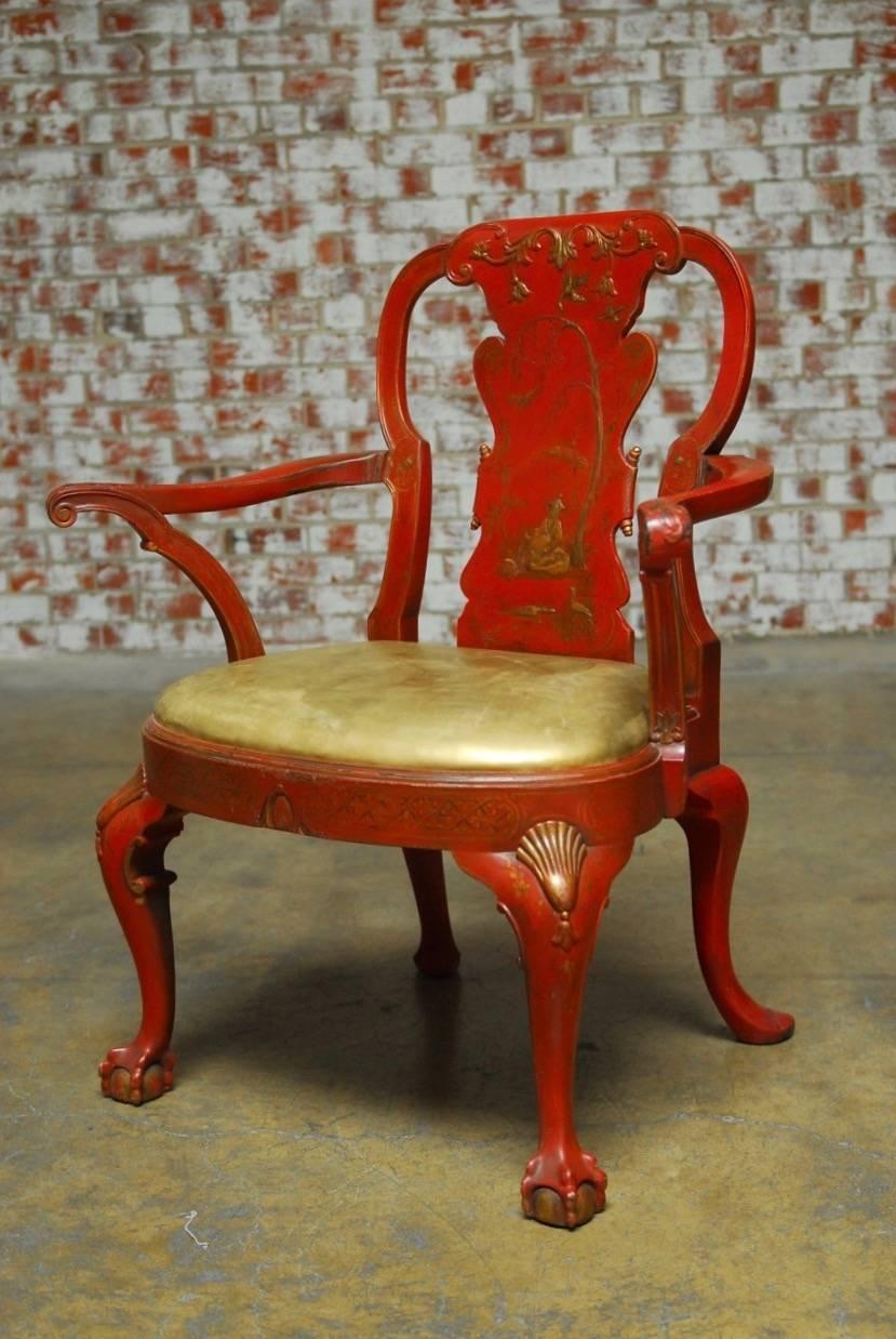 Hand-Crafted Chinese Chippendale Style Red Lacquer Chinoiserie Armchair 