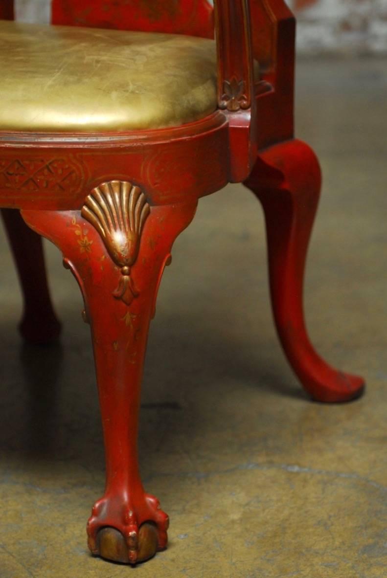 Chinese Chippendale Style Red Lacquer Chinoiserie Armchair  In Good Condition In Rio Vista, CA