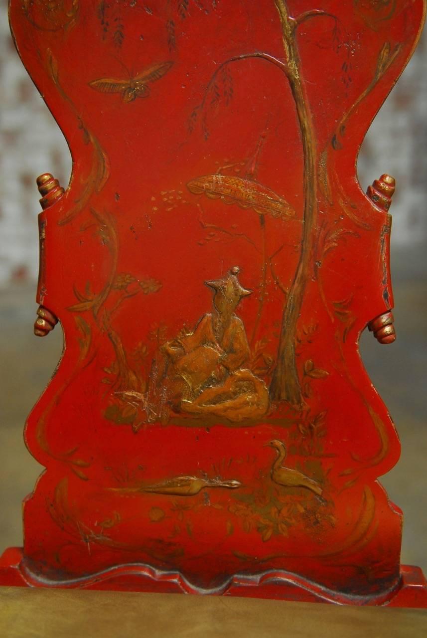 Wood Chinese Chippendale Style Red Lacquer Chinoiserie Armchair 