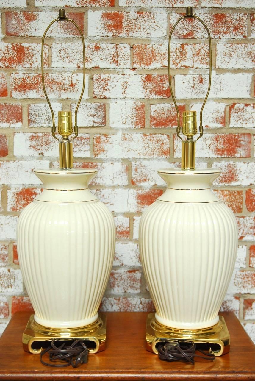 Pair of Hollywood Regency Brass and Porcelain Vase Table Lamps  4