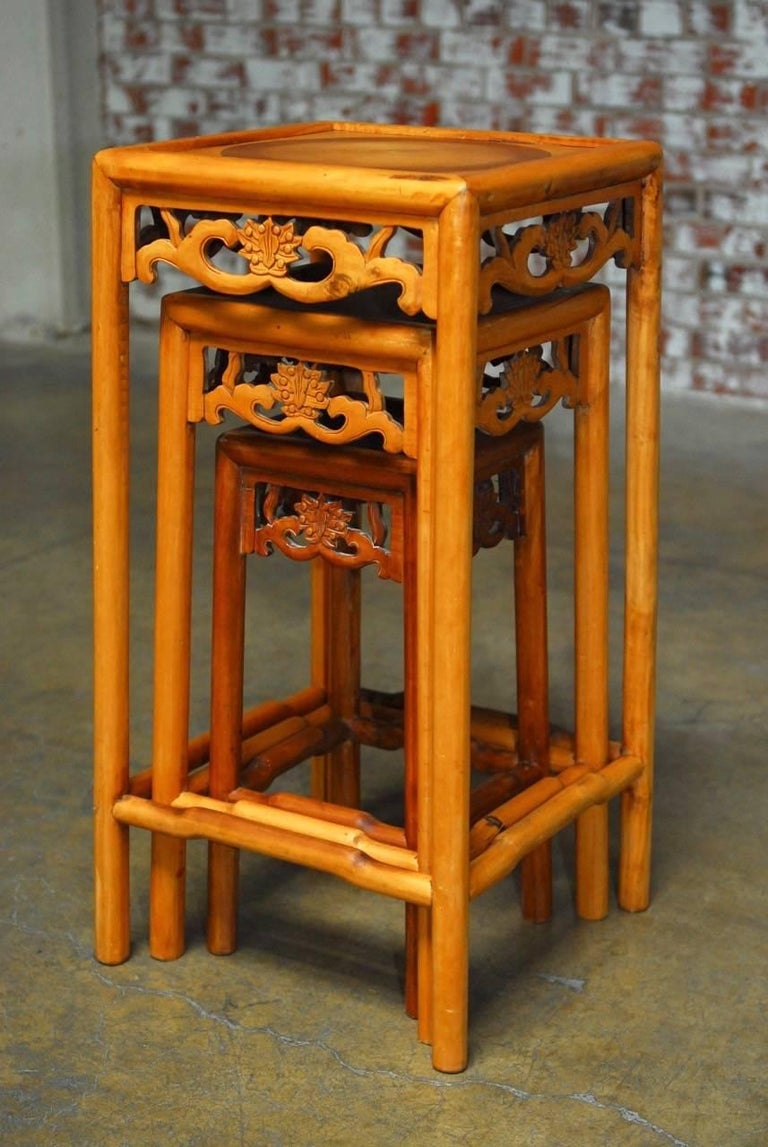 Set of Three Chinese Lotus Blossom Stacked Nesting Tables For Sale at 1stDibs
