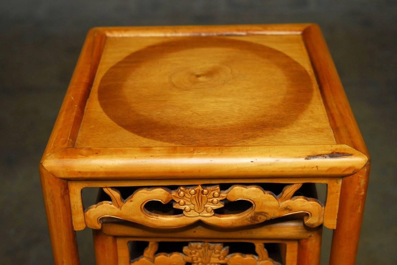 Hand-Carved Set of Three Chinese Lotus Blossom Stacked Nesting Tables For Sale