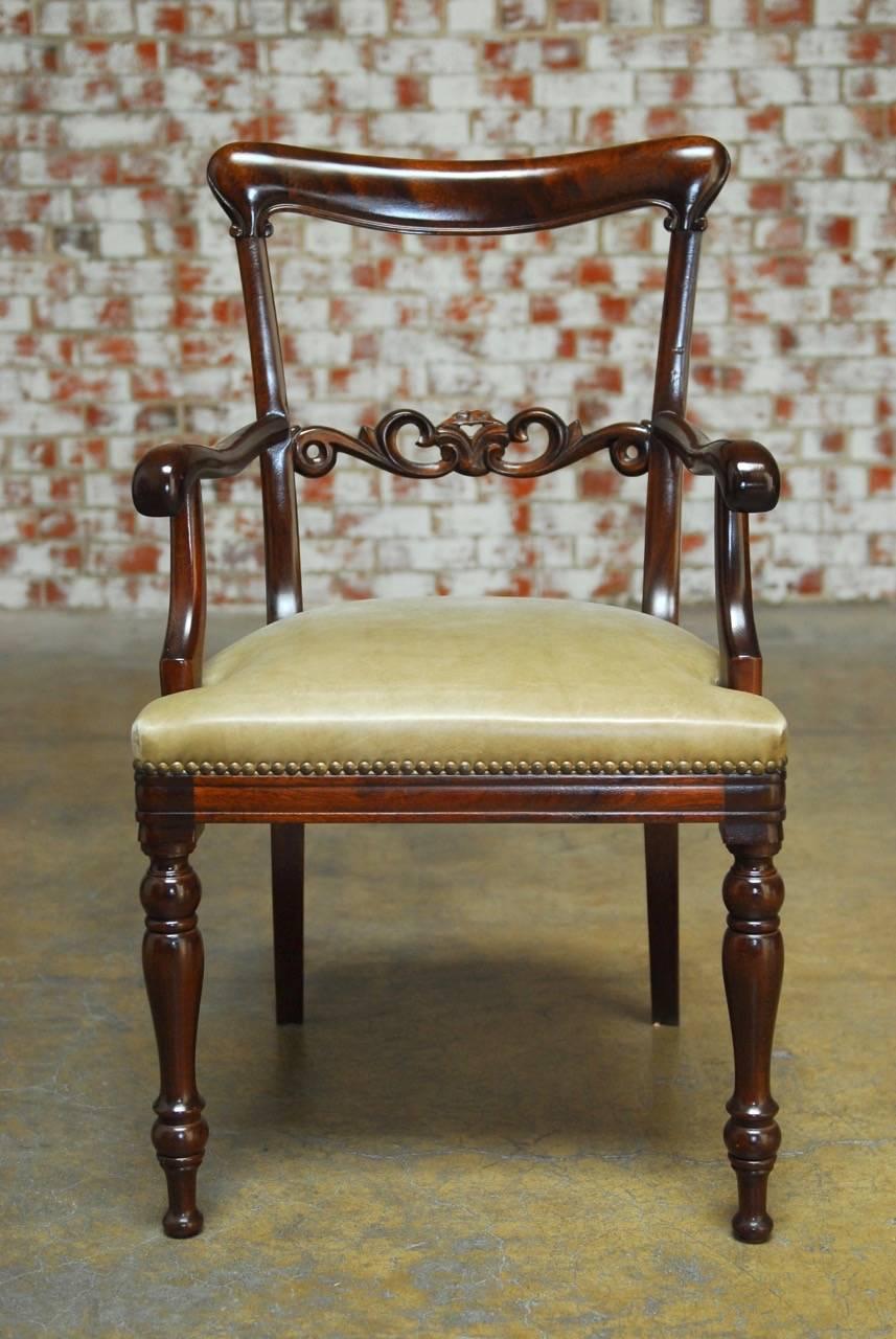 French Set of Eight Regency Mahogany and Leather Dining Armchairs