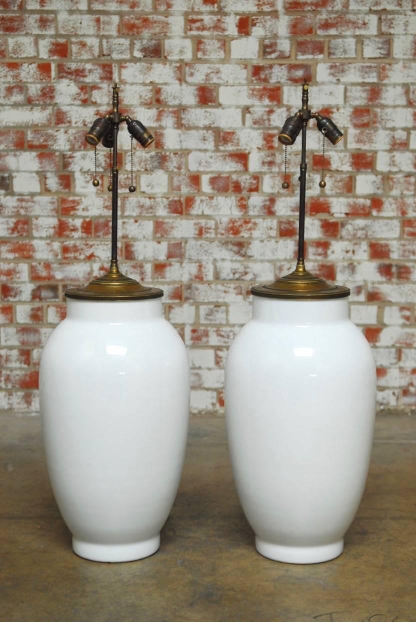 Hollywood Regency Monumental Pair of Blanc de Chine Baluster Form Table Lamps