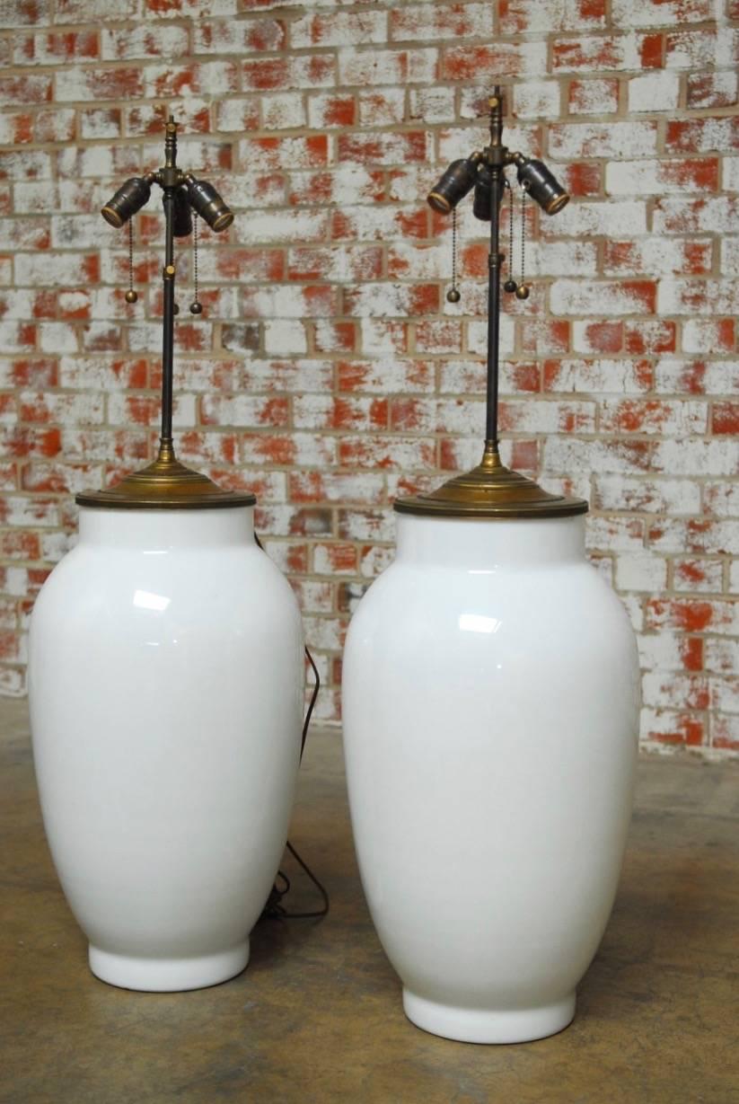 Chinese Monumental Pair of Blanc de Chine Baluster Form Table Lamps