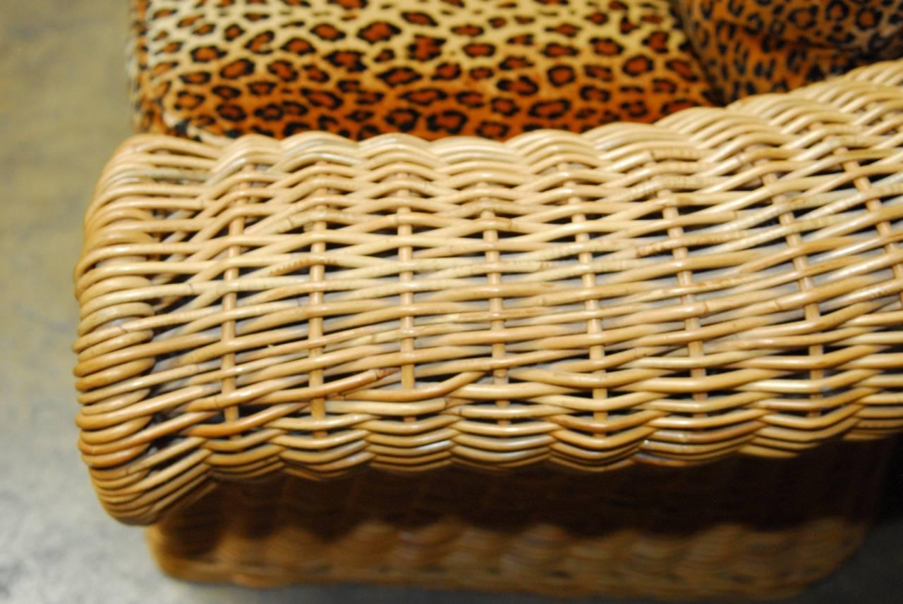 Organic Modern Michael Taylor Inspired Wicker Sofa with Scalamandre Style Leopard Upholstery