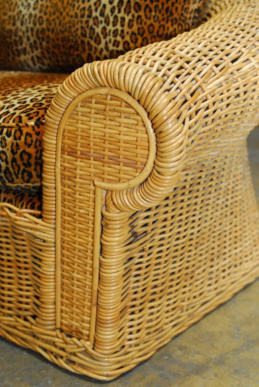 American Michael Taylor Inspired Wicker Sofa with Scalamandre Style Leopard Upholstery