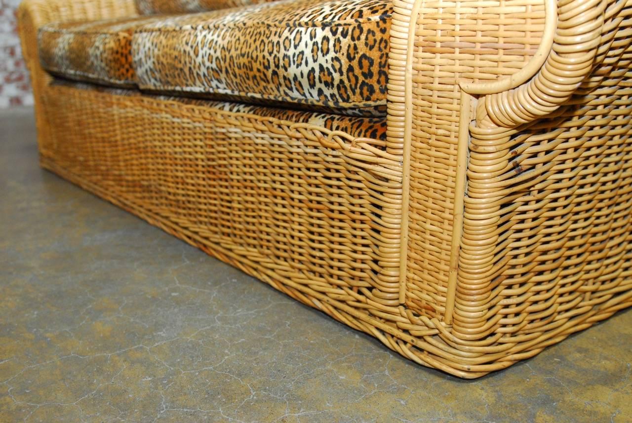 Hand-Crafted Michael Taylor Inspired Wicker Sofa with Scalamandre Style Leopard Upholstery