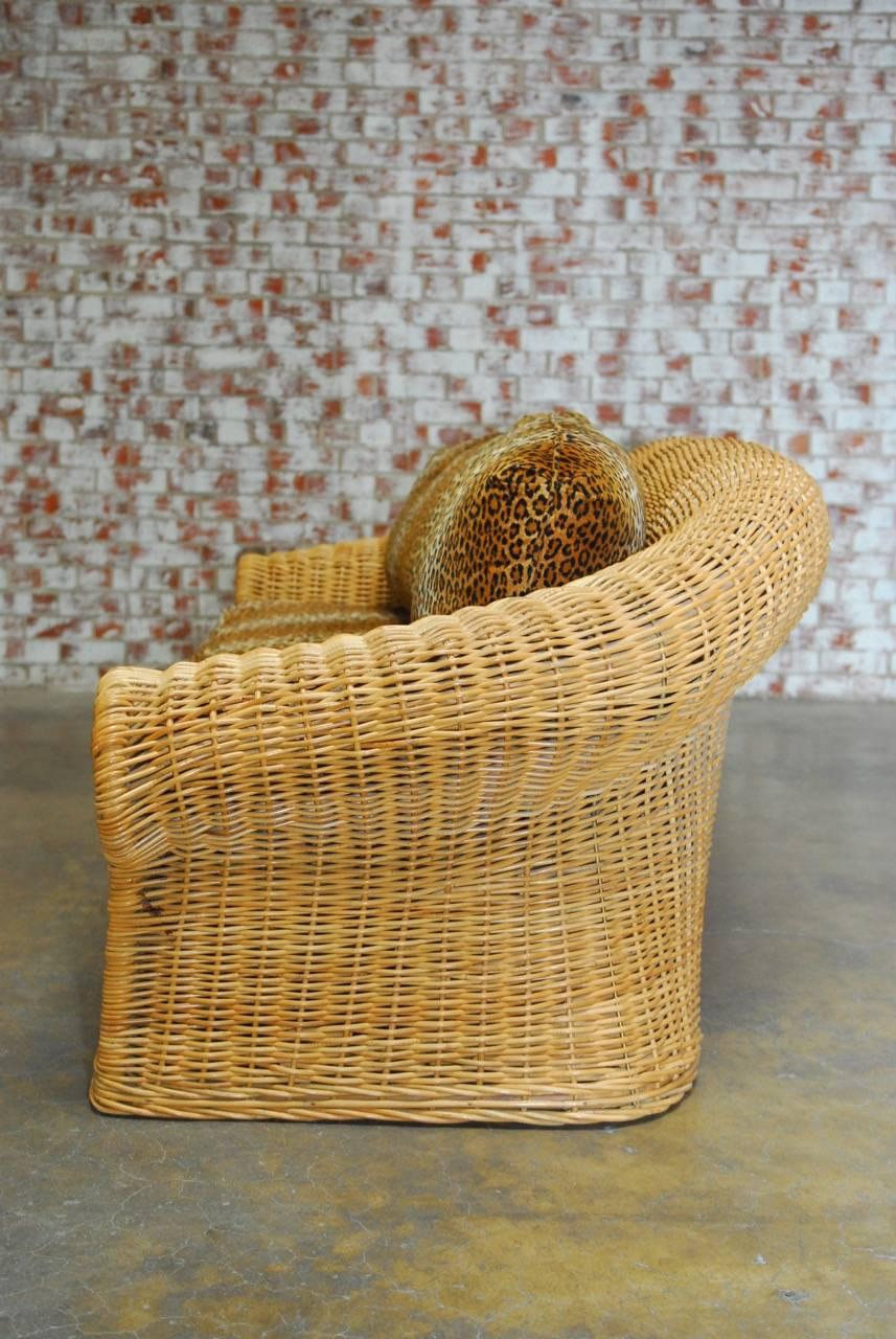 Michael Taylor Inspired Wicker Sofa with Scalamandre Style Leopard Upholstery In Excellent Condition In Rio Vista, CA