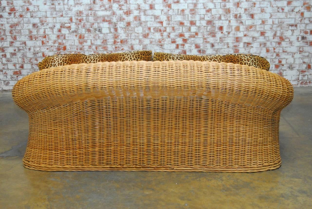 20th Century Michael Taylor Inspired Wicker Sofa with Scalamandre Style Leopard Upholstery