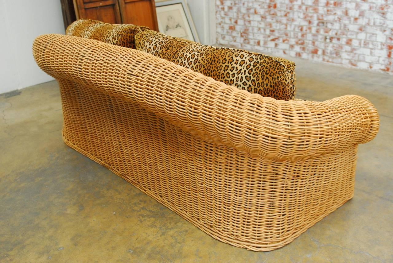 Fabric Michael Taylor Inspired Wicker Sofa with Scalamandre Style Leopard Upholstery