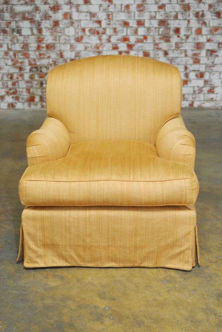 Custom-made Rose Tarlow "Lambertus" lounge chair with matching ottoman. Features an oversized frame with a tight back and deep loose seat cushion. Upholstered in a soft silk blend fabric with graceful rolled arms. Matching ottoman measures