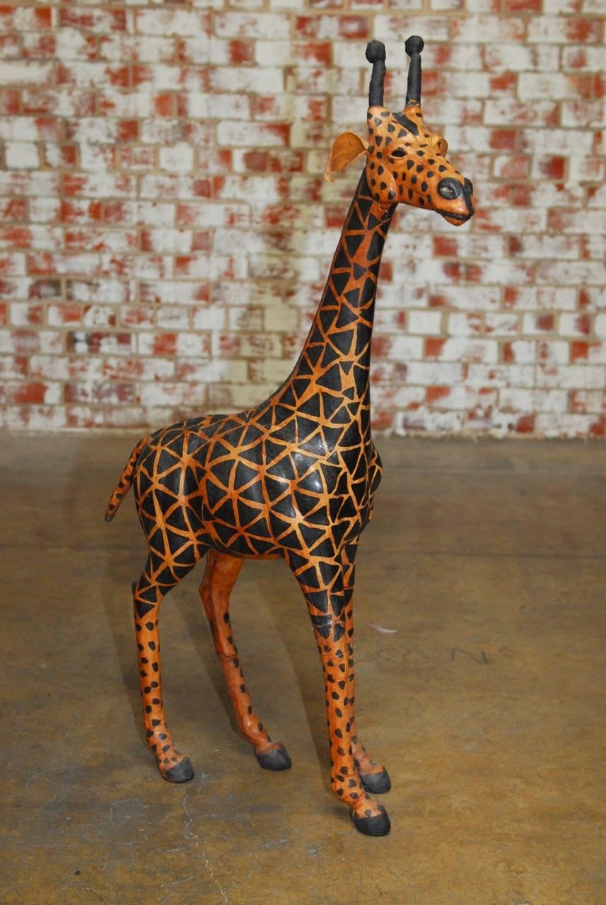 Mid-Century Modern Pair of Painted Leather Giraffe Sculptures