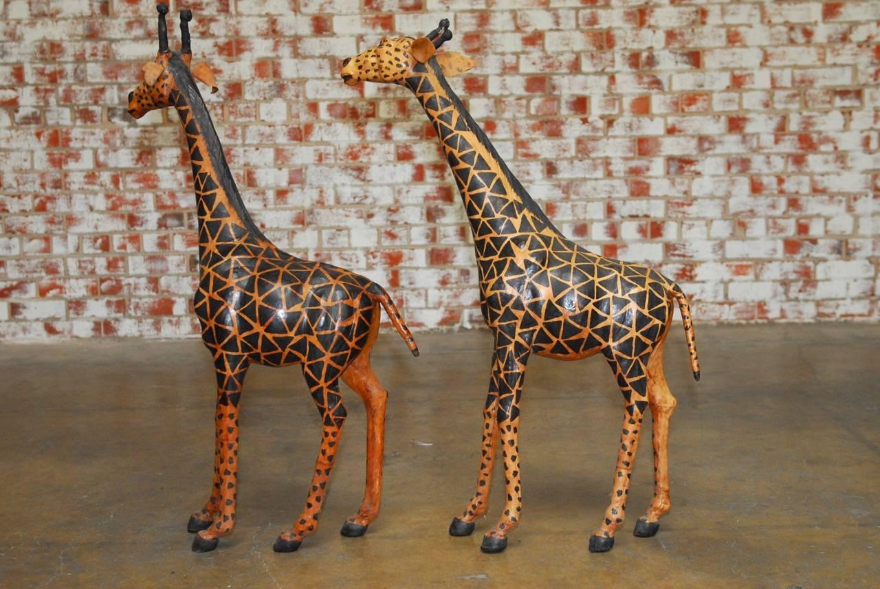 Hand-Crafted Pair of Painted Leather Giraffe Sculptures