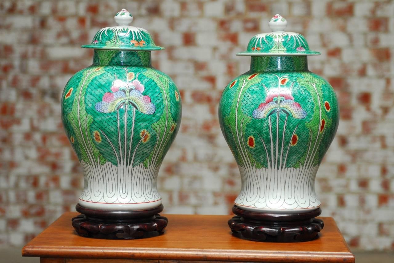 Stunning pair of Chinese Qing cabbage leaf pattern and butterfly decorated ginger jars. Made in a famille verte style with a butterfly on each side and red cabbage roses, eight on each side for luck. There is also a grasshopper and ladybug on